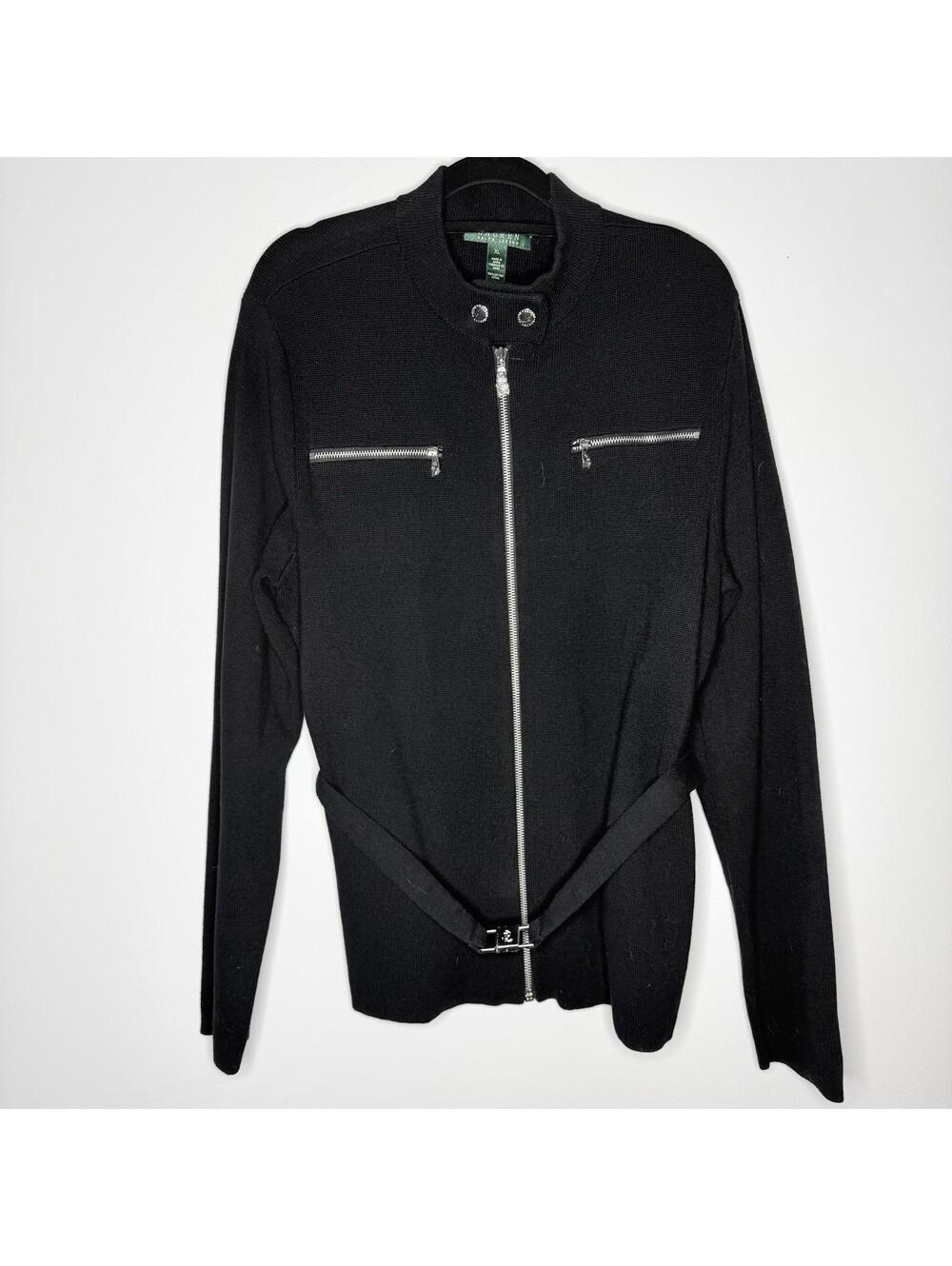Lauren Ralph Lauren Black “Lake Tahoe” Moto Knit Sweater Full-zip Logo Belt XL